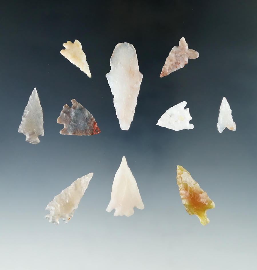 Set of 10 assorted arrowheads found in Humboldt Co., Nevada. Largest is1 13/16".