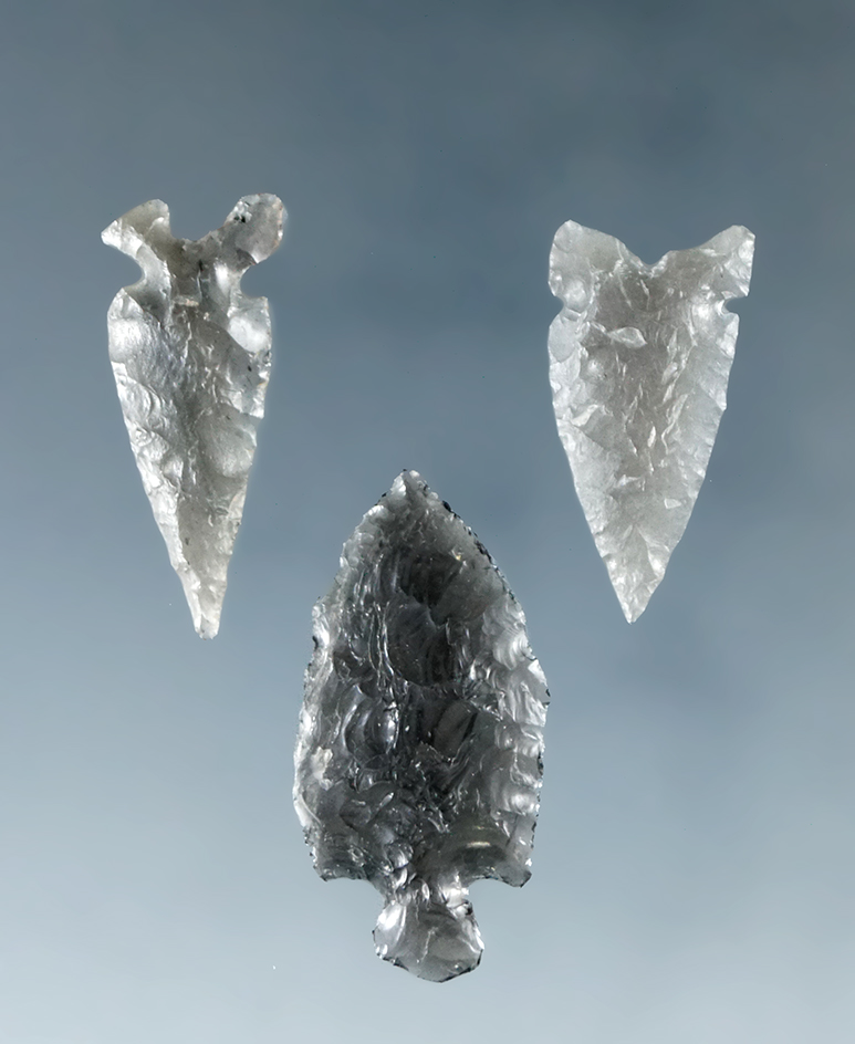 Set of three nice arrowheads found in Humboldt Co., Nevada, all made from obsidian.