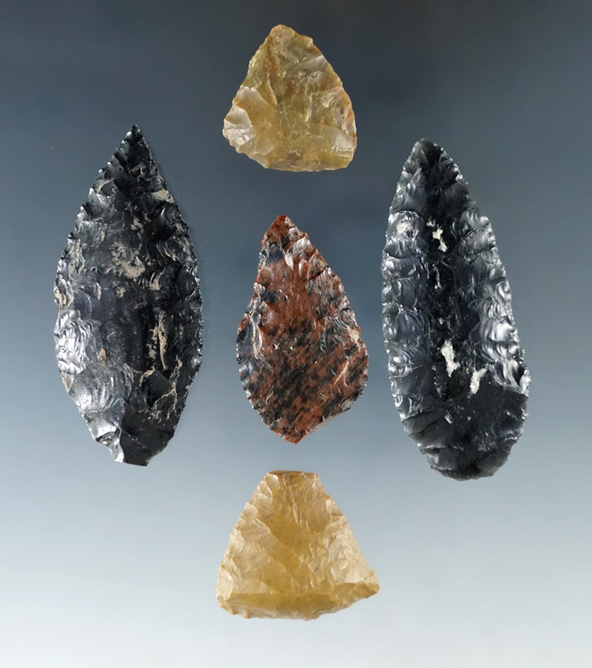 Set of five flaked Knives and scrapers, largest is 2 1/4" recovered from caves along the Cave Creek