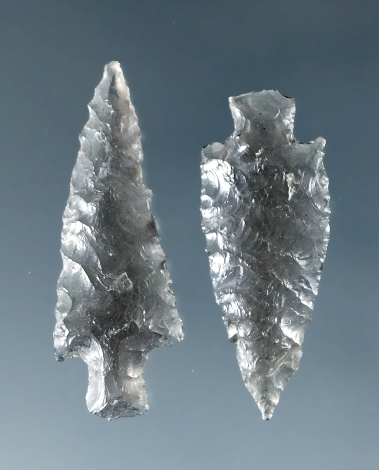 Nice pair of obsidian Rose Springs Stemmed points with excellent flaking - Humboldt Co., NV.