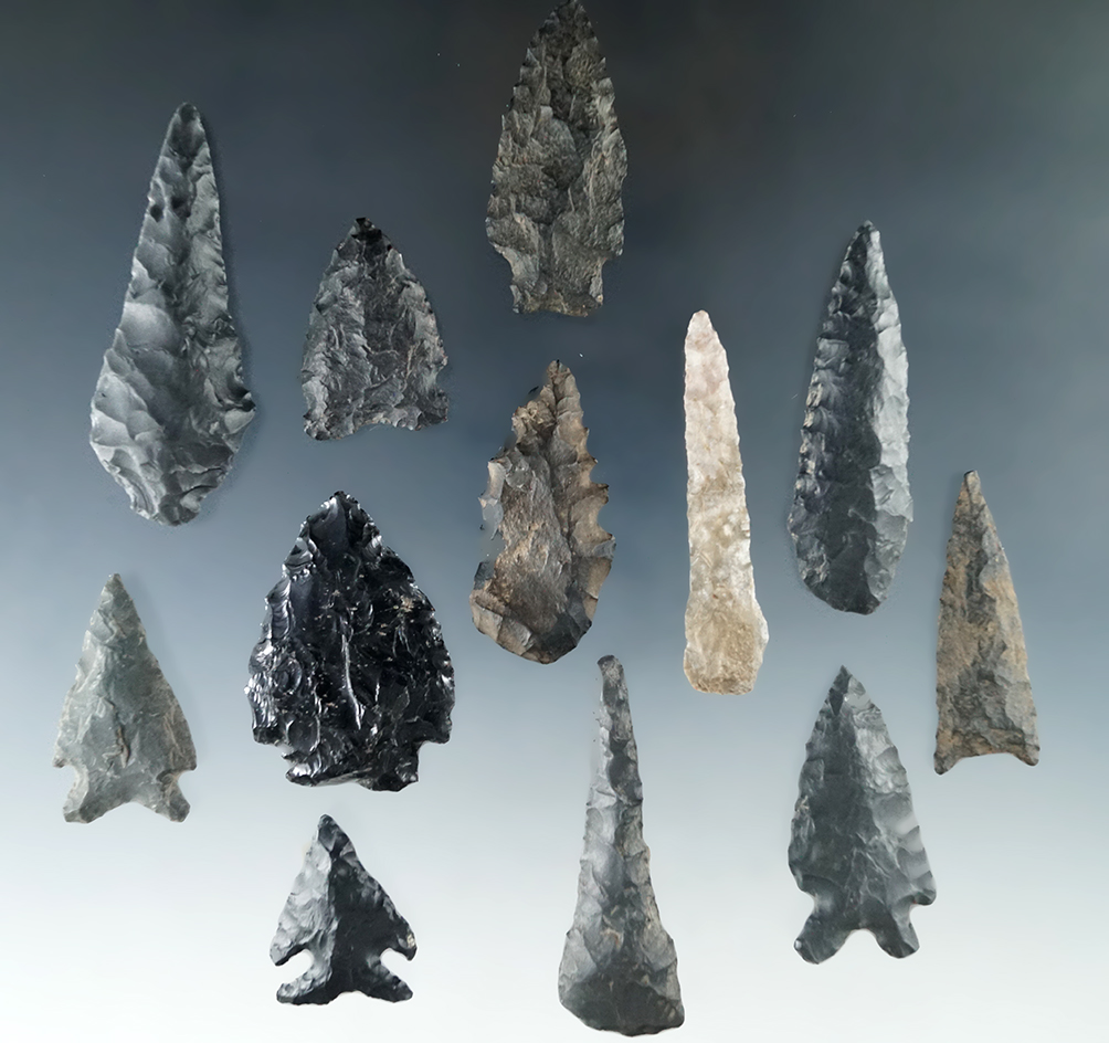 Set of 12 assorted flaked artifacts found in Oregon and in the Black Rock Desert by R. D. Mudge.