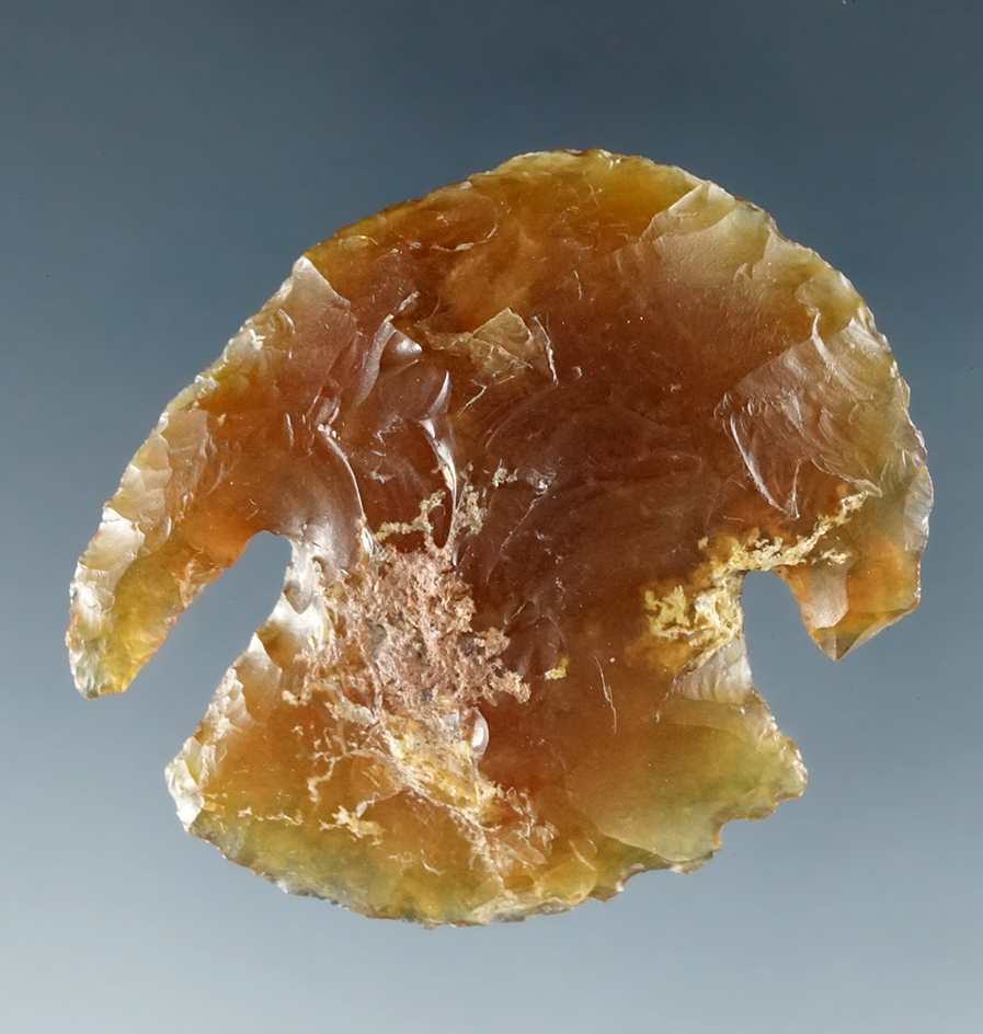 1 1/4" Cornernotch Blunt made from highly translucent honey colored agate found in Colorado.