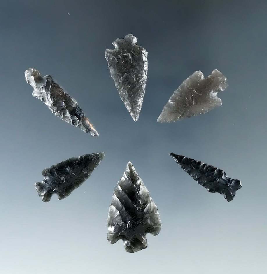Set of six assorted obsidian arrowheads found in Humboldt Co., Nevada, largest is 1 1/4".