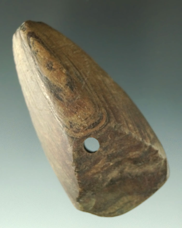 3 3/16" banded slate Gorget found in Wayne Co., Ohio that is uniquely shaped.