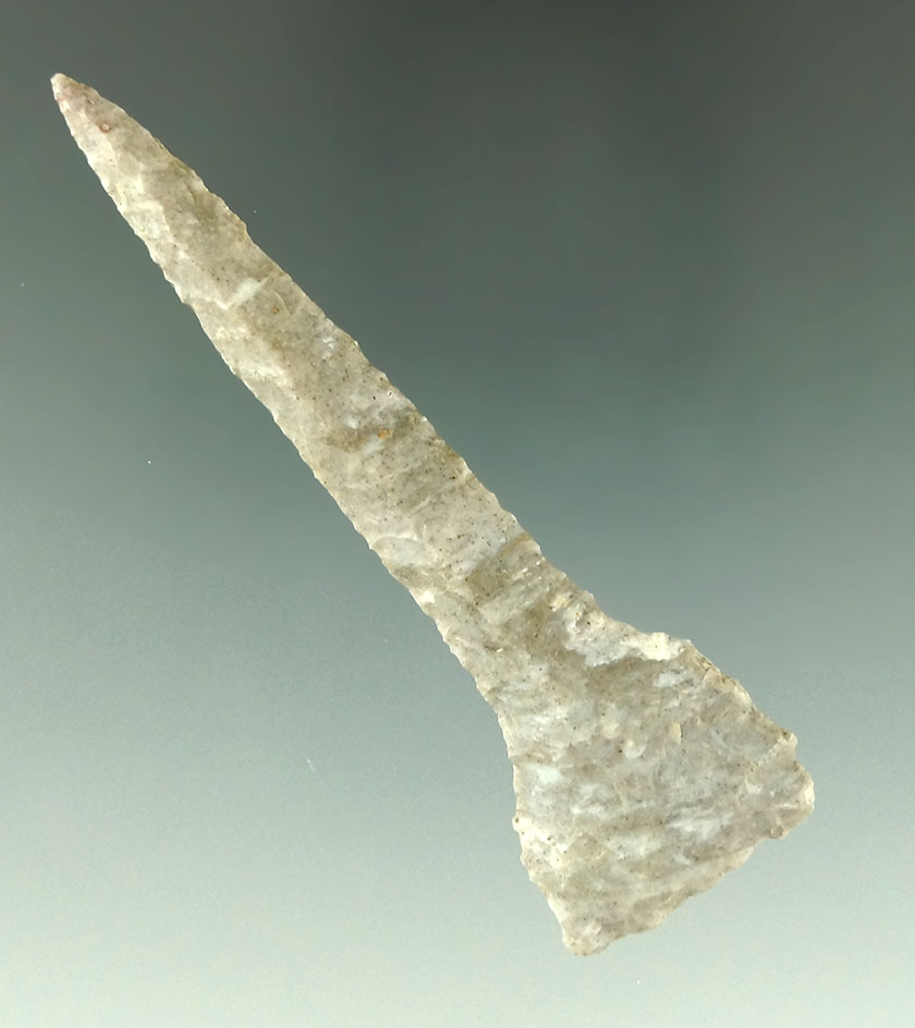 3 1/16" Flint Drill with a needle tip found in Ohio. Ex. Homer Frush, Doug Hooks collection.