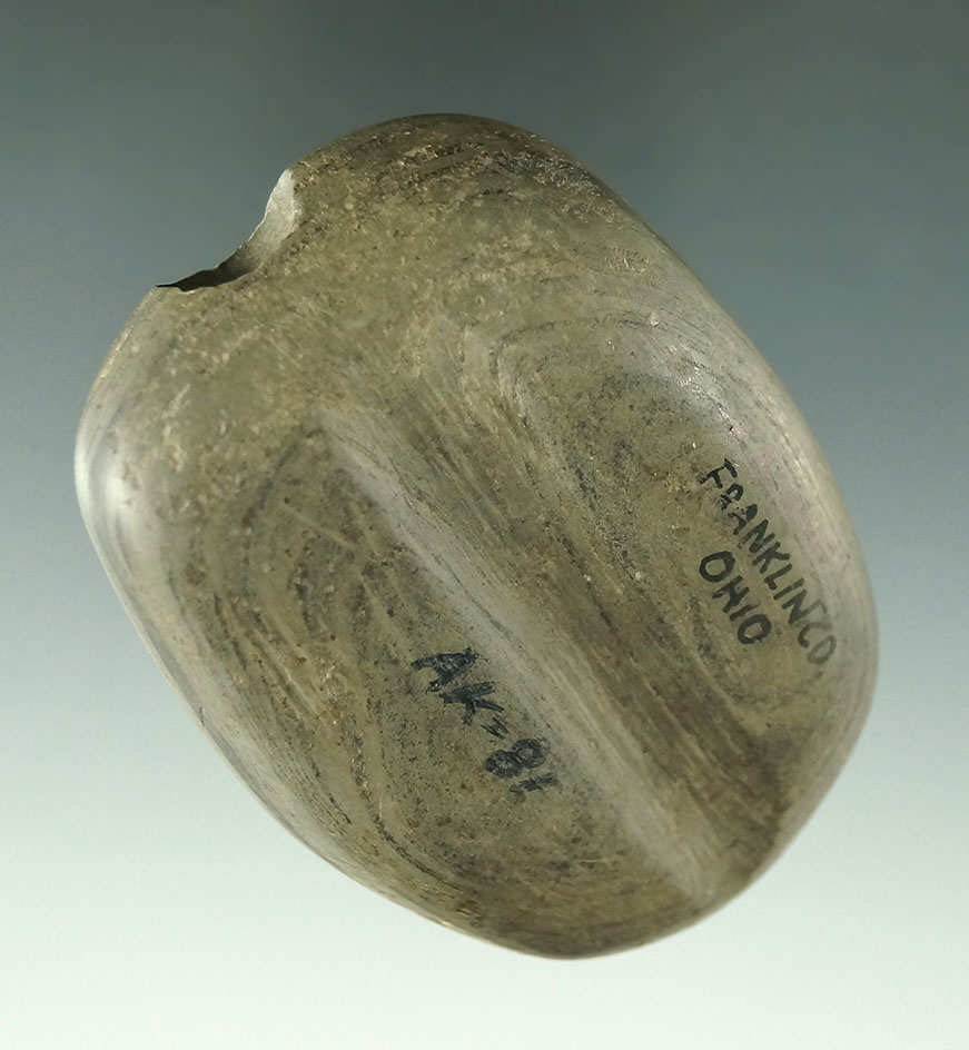 Uniquely styled 2 13/16" Fluted Drilled Bannerstone found in Franklin Co., Ohio. Ex. Rocky Faletti.