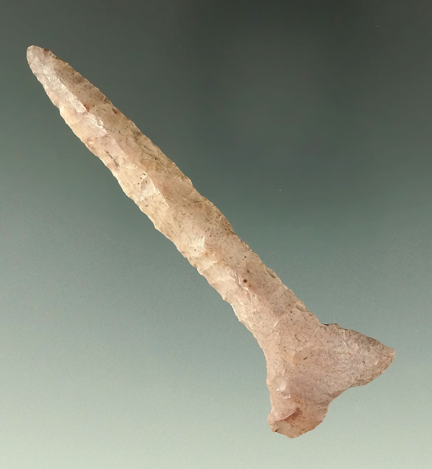 3 1/8" pink Flint Ridge Flint T-Drill found in Pickaway Co., Ohio. Ex. Dean Driskill collection.
