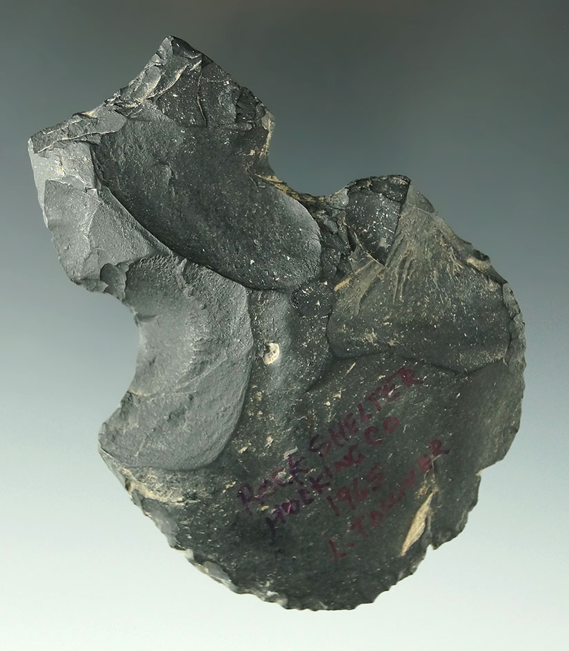 3 5/8" notched Hoe found in a rock shelter in Hocking Co., Ohio by Lester Tolliver in 1965.