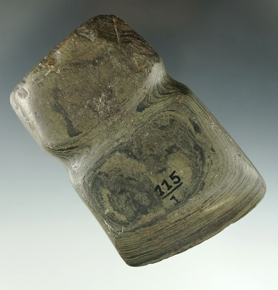 4 1/4" rare slate fully grooved Axe. Ex. Gordon Meuser #115/1. Excellent form, Fairfield Co., Ohio.