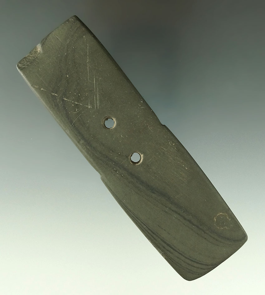 4 5/8" uniquely styled Shovel Pendant found in Hancock Co., Ohio made from beautiful banded slate.