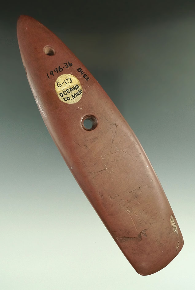 Exceptional! 7 1/8" red slate Gorget found in Oceawa Co., Michigan. Ex. Lynn Brooks, Jim Hovan.