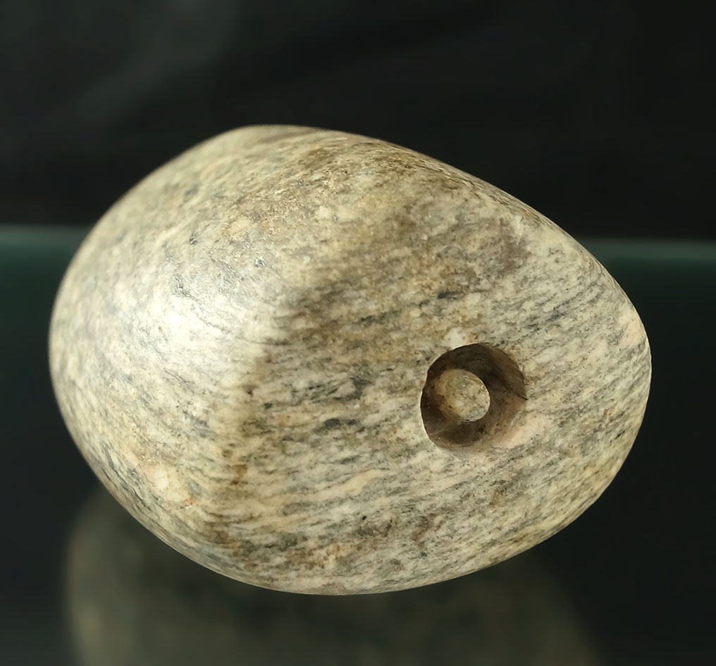 Large and nice! 3 9/16" partially drilled Bannerstone found in Boone Co., Missouri. Motley COA.