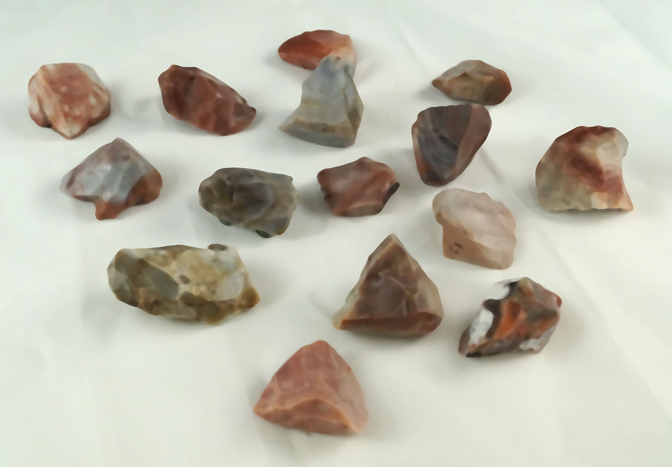 Set of 15 colorful Flint Ridge Flint Hopewell Cores found in Ohio, largest is 1 3/4.".