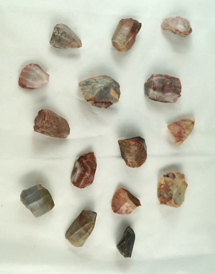 Set of 15 colorful Flint Ridge Flint Hopewell Cores found in Ohio, largest is 1 1/2.".
