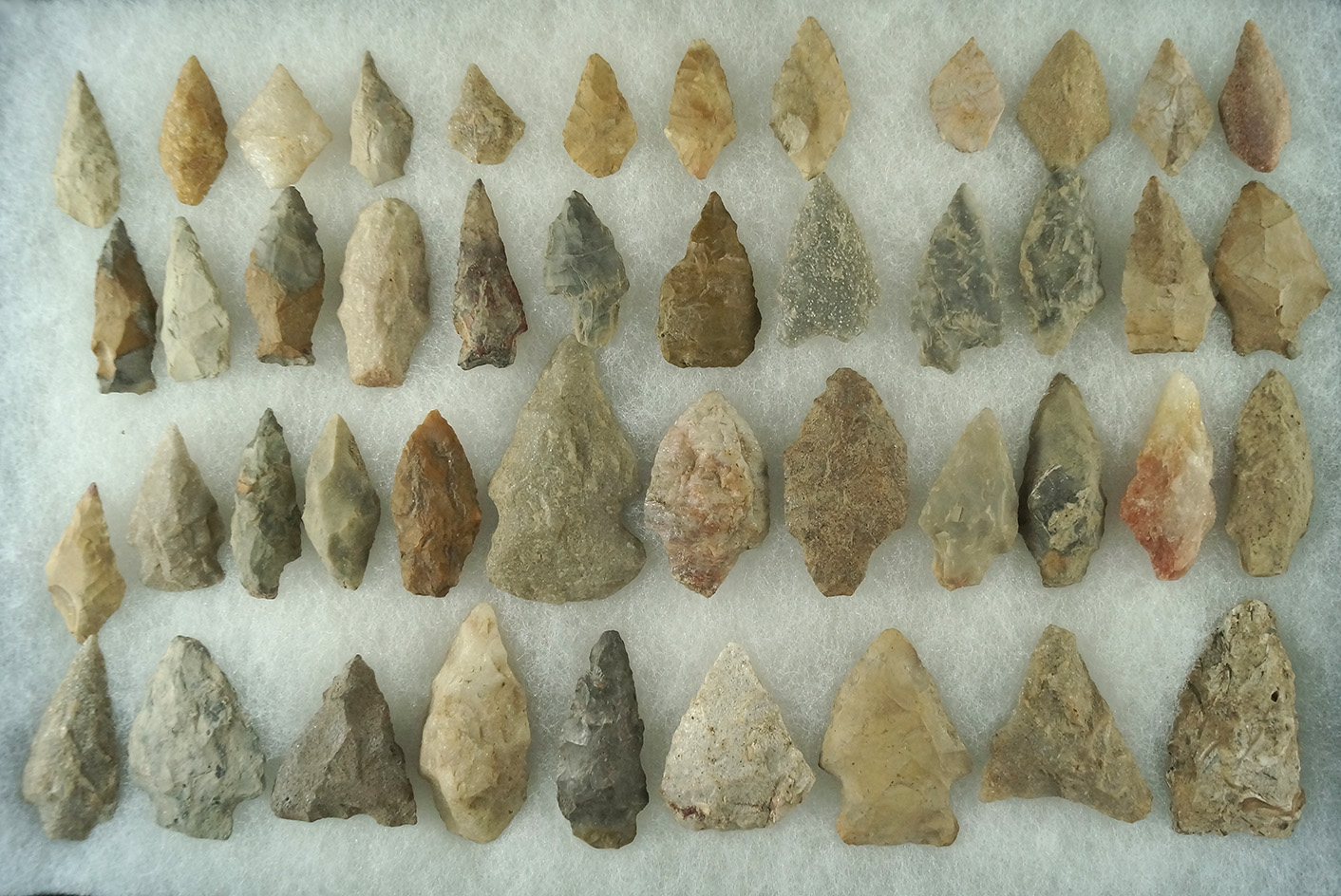 Set of 45 assorted arrowheads found in New Jersey and Virginia, largest is 2 1/8".