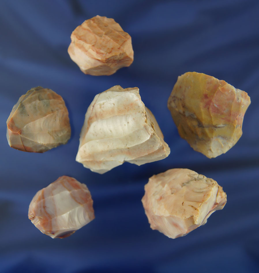 Set of six colorful Hopewell Cores, largest is 1 13/16" tall found in Ohio. Ex. F. C. Jones, Gilbert