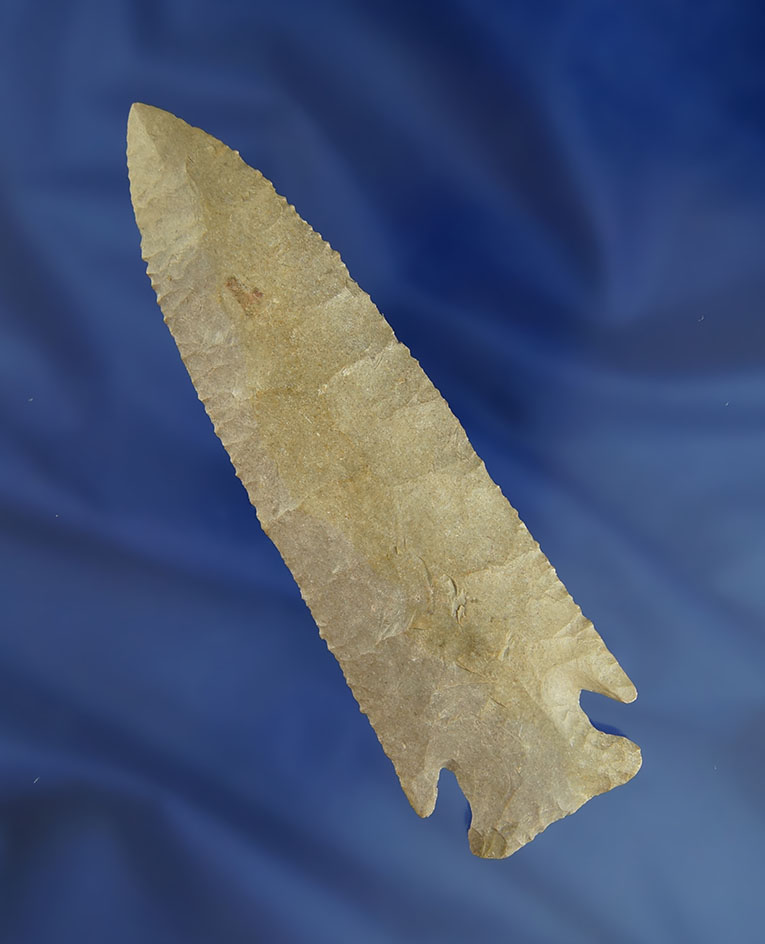 5 3/16" Hardin Barbed with restoration to one ear and 3/4" of the tip. Excellent flaking - Illinois.