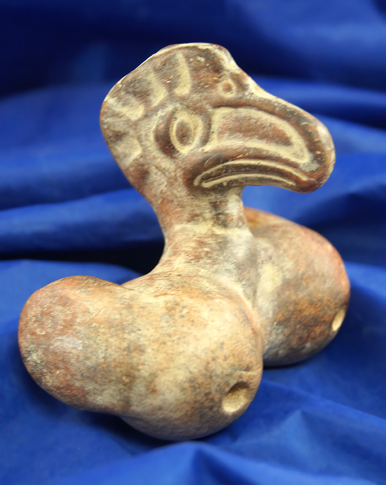 3 3/4" wide Pre Columbian Avian Form Dual Chamber Whistle from west Mexico circa 200BC-AD350.