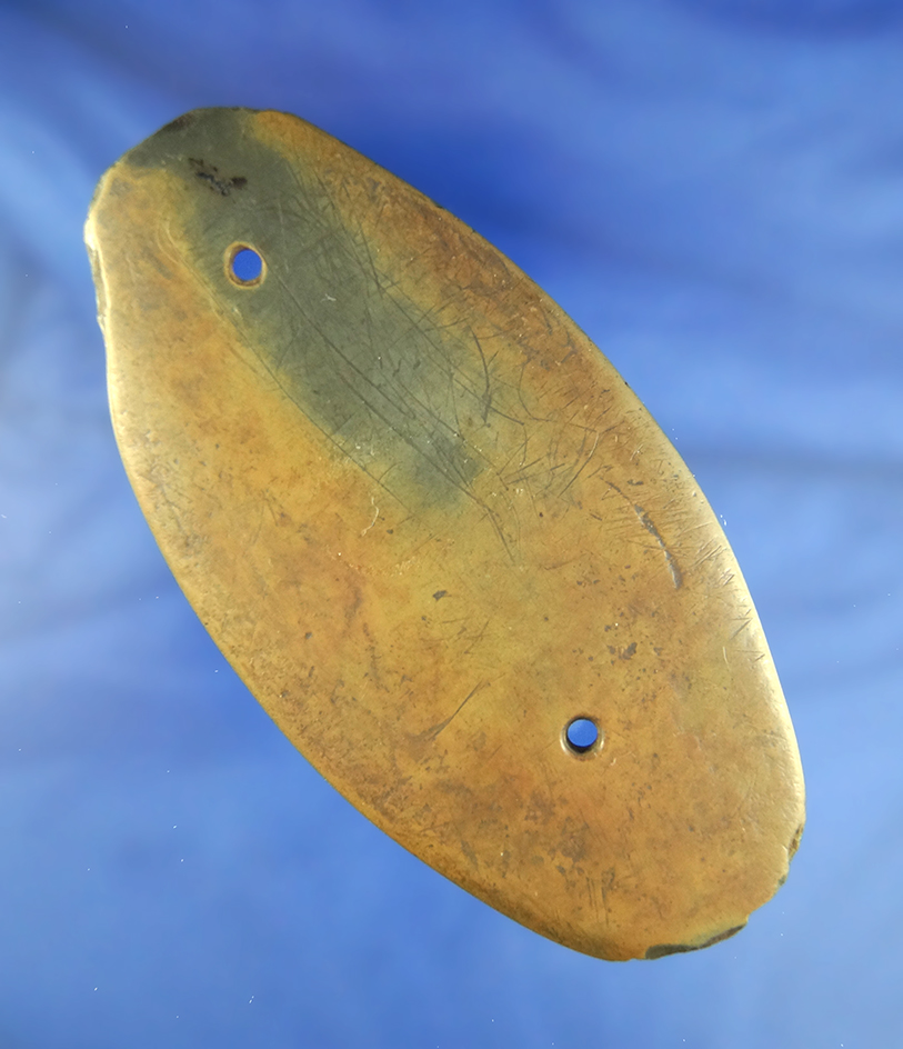 Nicely patinated 4 3/4" slate Gorget found in Knox Co.,  Ohio. Ex. Raymond Vietzen, Sam Speck.