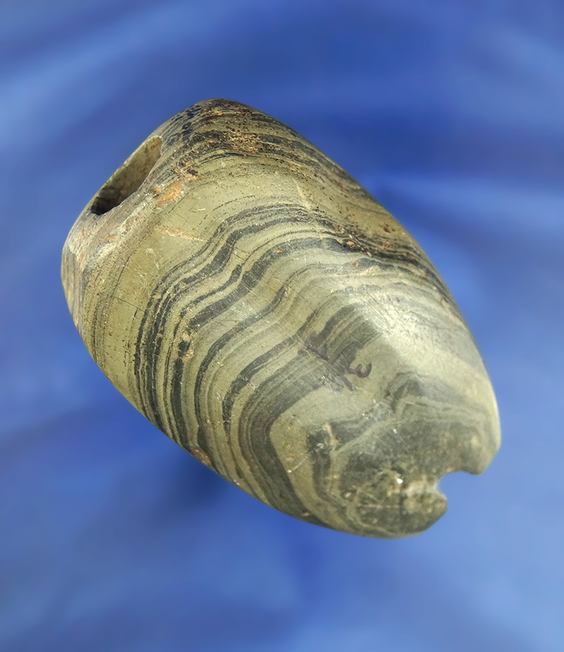 2 5/8" fluted Tubular Bannerstone - banded slate found in Delaware Co.,  Ohio. Bennett COA.