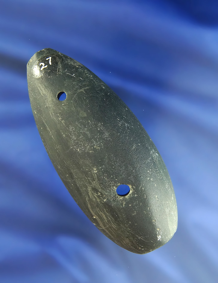 3 13/16" uniquely styled Ridged Gorget made from banded slate found in Ohio. Ex. Altick collection.