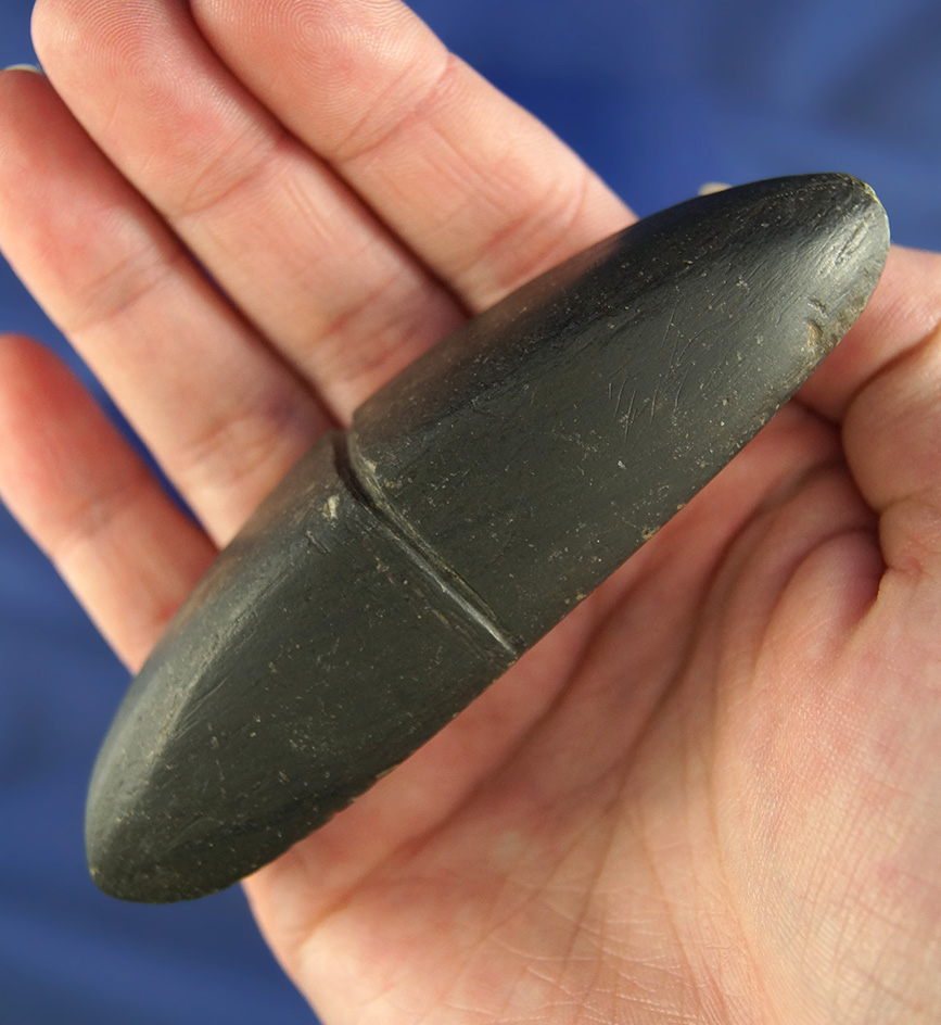 3 11/16" center grooved Elliptical Atlatl weight found in 1967 on the Crouse farm in Knox Co.,  Ohio