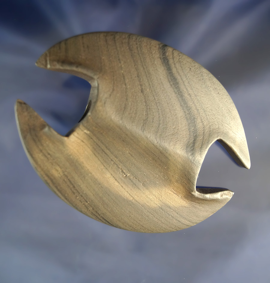 4 7/16" Double Notched Ovate - banded slate - Crawford Co.,  near Oceola. (Surface has been cleaned)