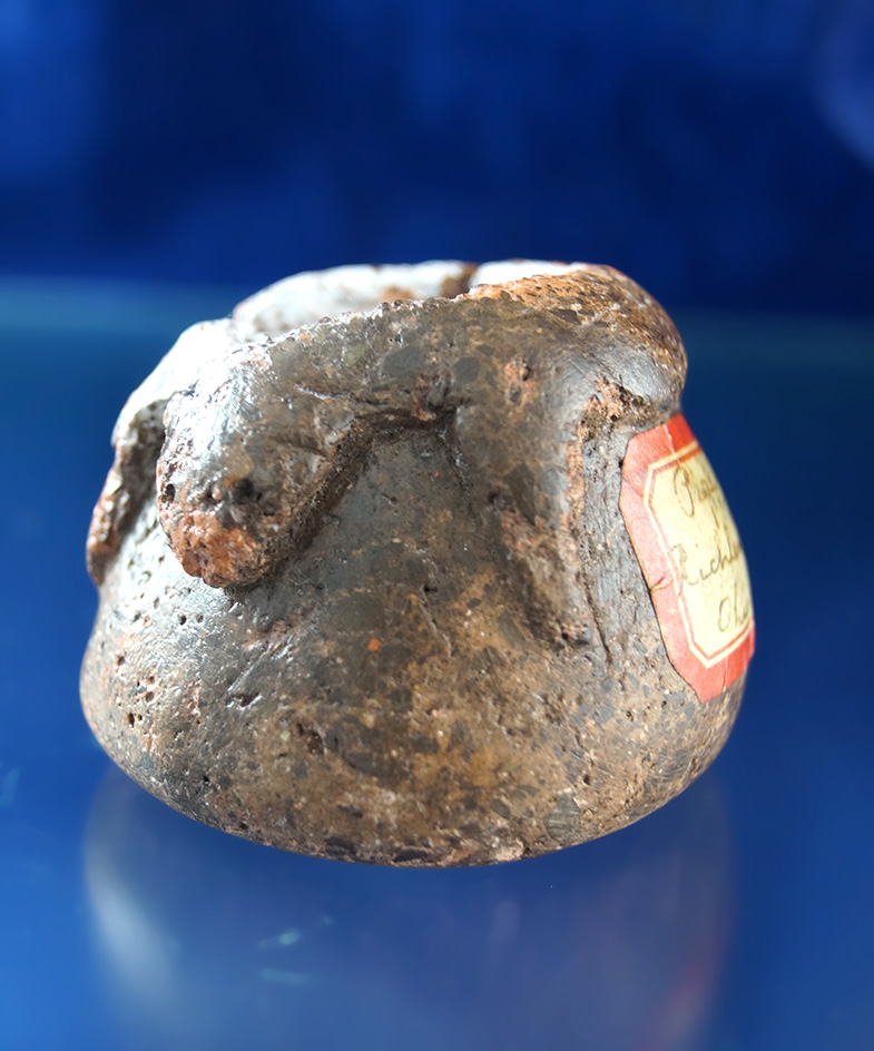 2 1/4" by 1 1/2" tall pottery Pipe with an animal effigy carving on top.  Richland Co.,  Ohio. Ex. D