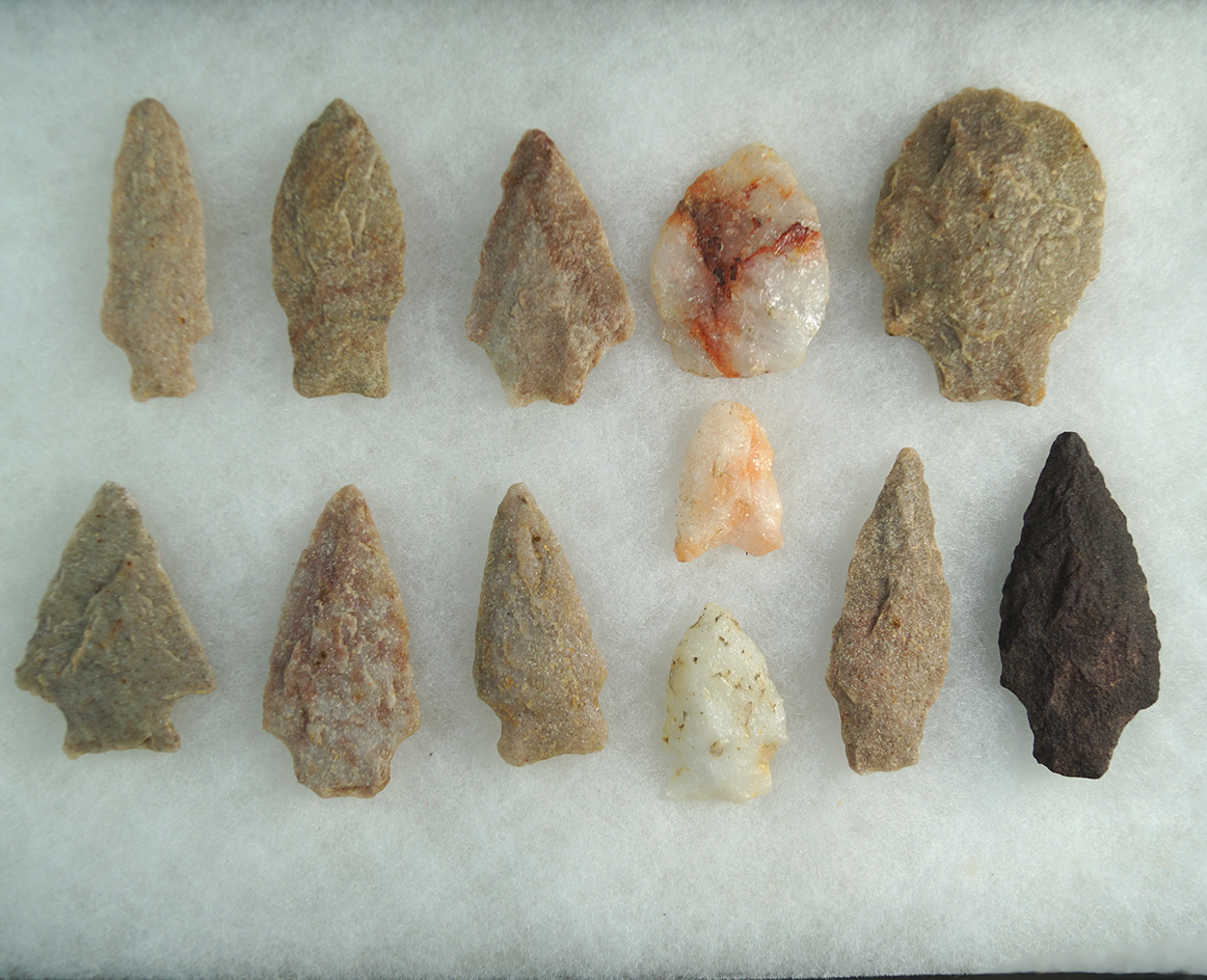 Set of 12 assorted Quartz and Rhyolite Arrowheads found in Virginia, largest is 2 5/8".
