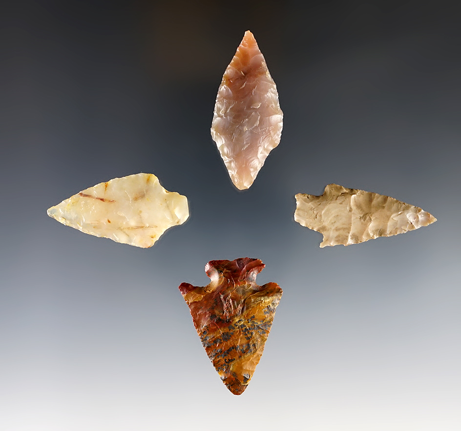 Set of 4 assorted arrowheads found near the Columbia River, largest is 2". Ex. Gene Favell.