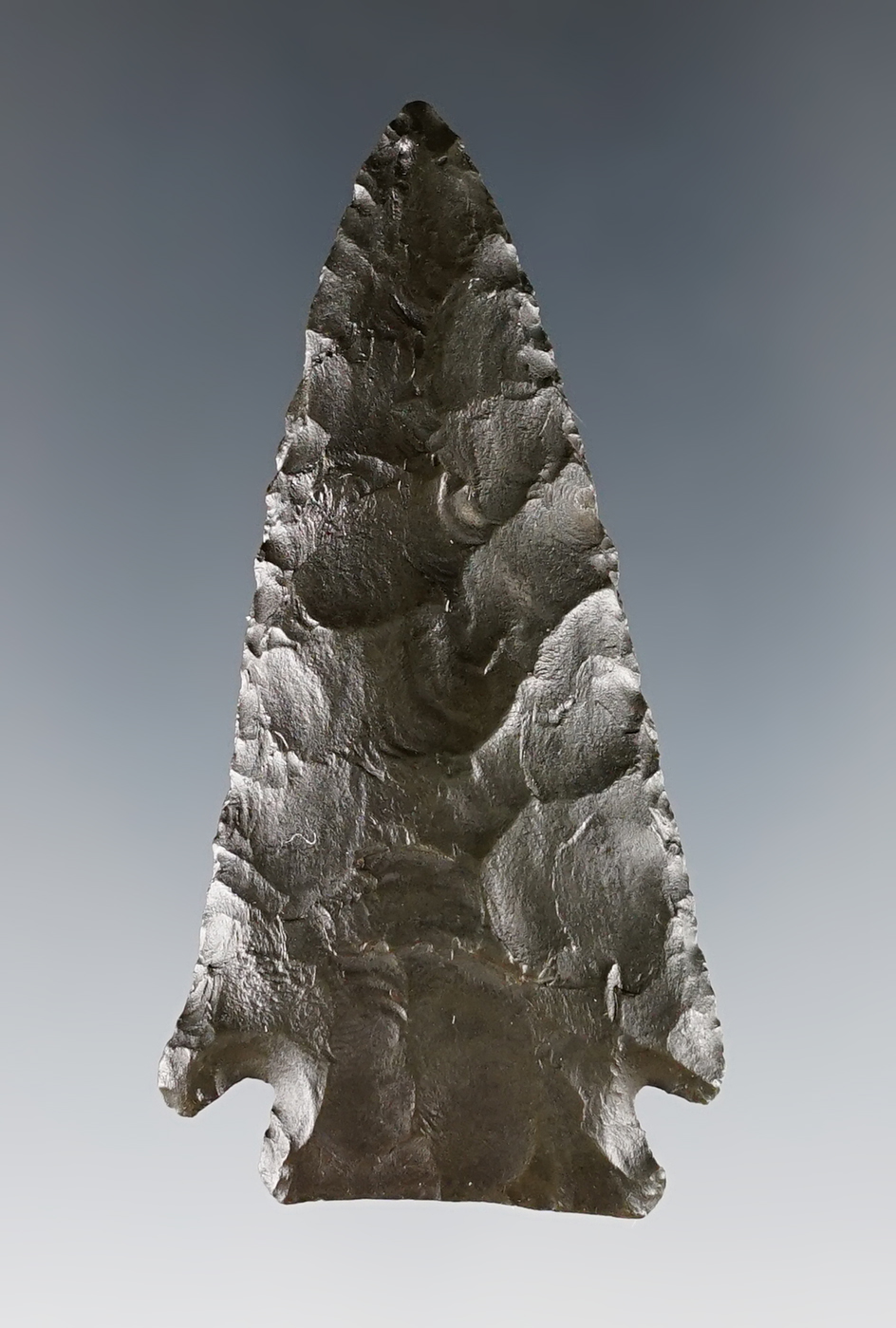 Nicely flaked 2 9/16" Kirk Cornernotch found in New York.