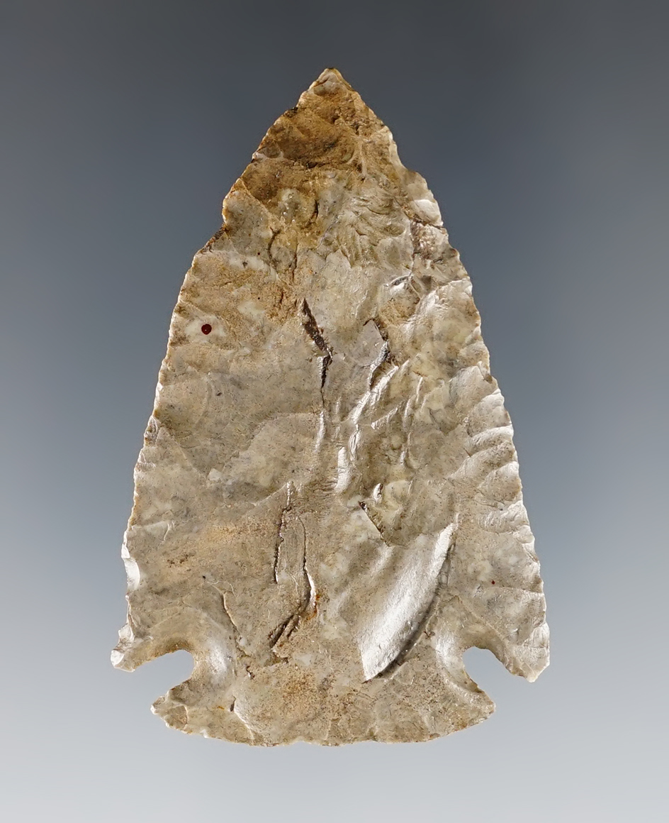 Great flaking on this 2 5/16" Kirk Cornernotch made from Onondaga Flint. Found in New York.