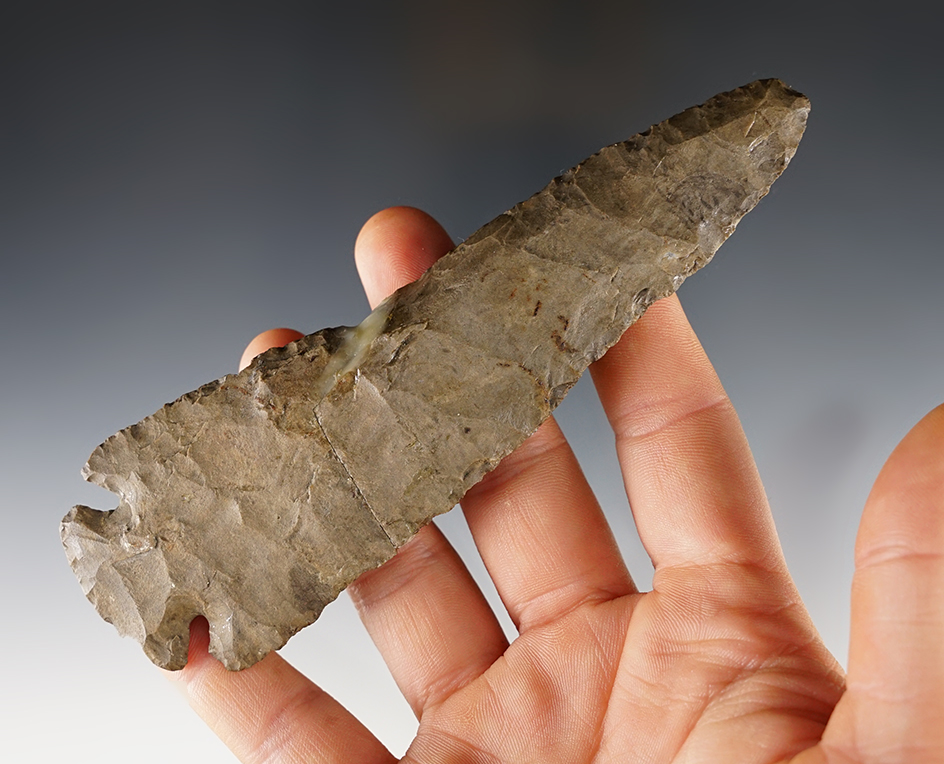 5 7/16" Indiana Dovetail - broken & glued with heavy glue residue on one edge. Ex. Townsend.