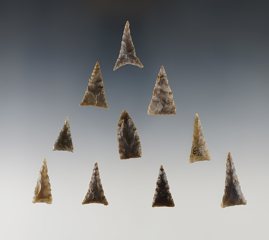 Set of 10 nice Triangle Points found in the Kentucky/Tennessee area. The largest is 1 1/4".