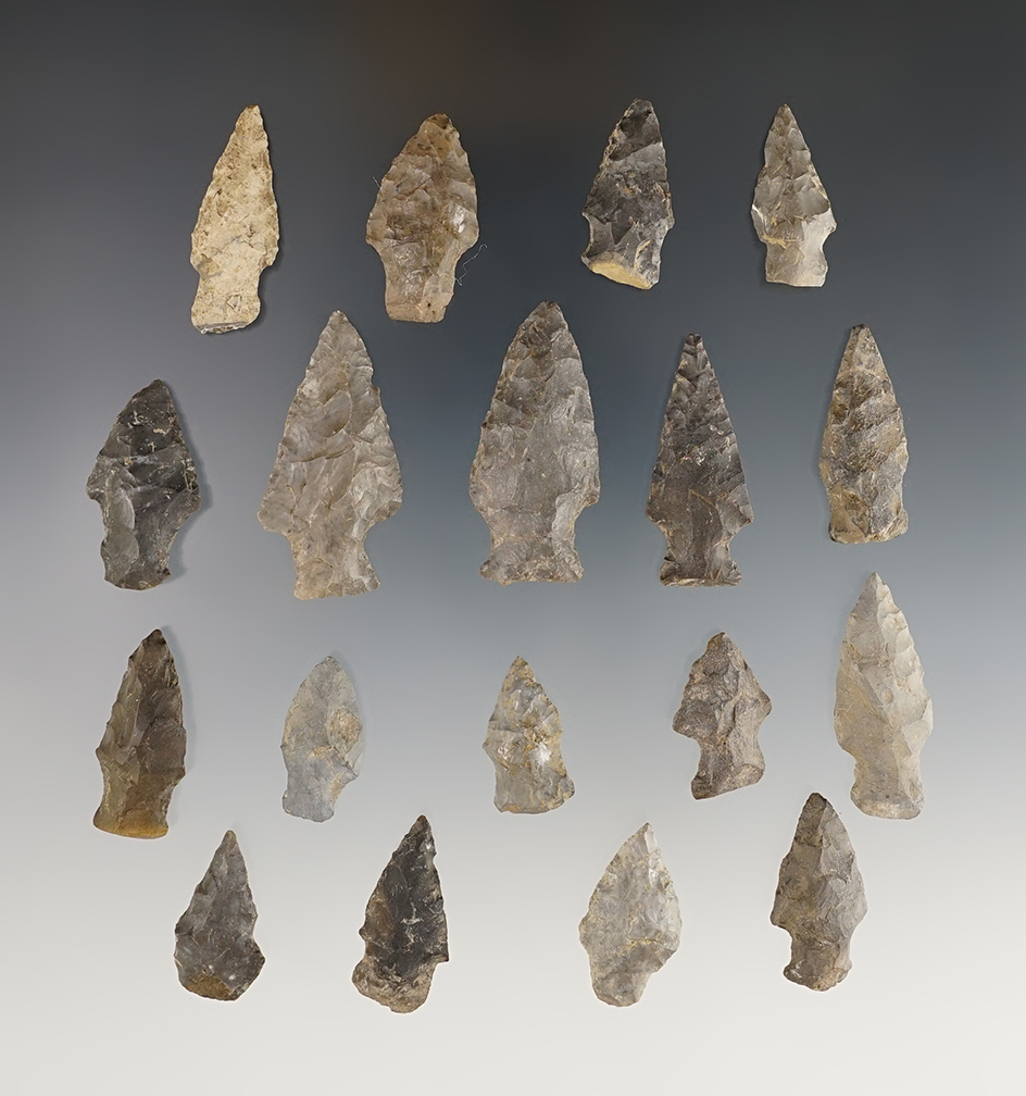 Set of 18 Lamoka Points found in Schuler Co., New York. The largest is 1 5/8".