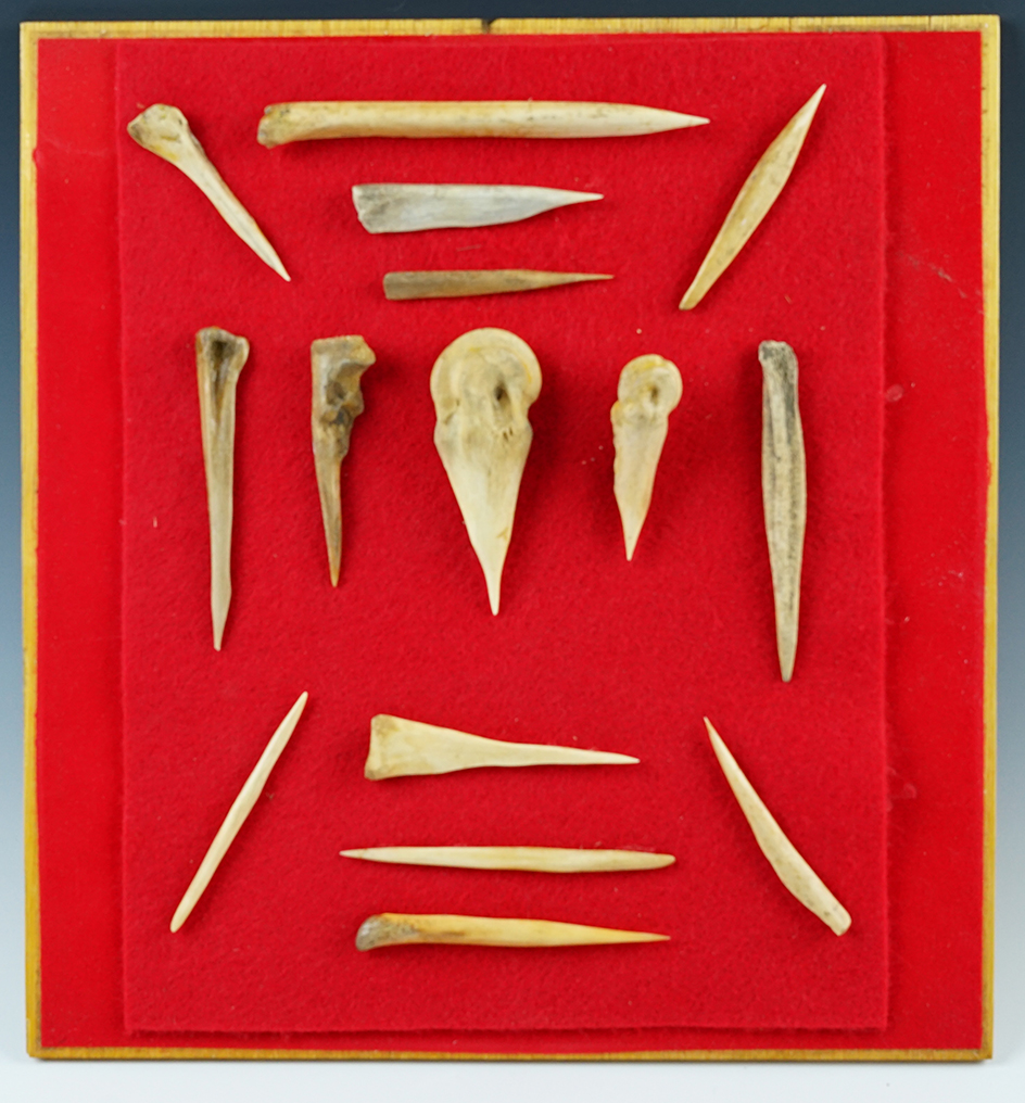 Set of 15 Bone Awls - Sacramento Valley, Colusa Co., California. Comes as-is, glued to a board. 