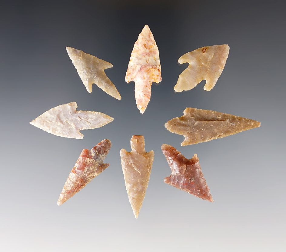 Set of 8 African Neolithic Points in good condition. The largest is 1 7/16".