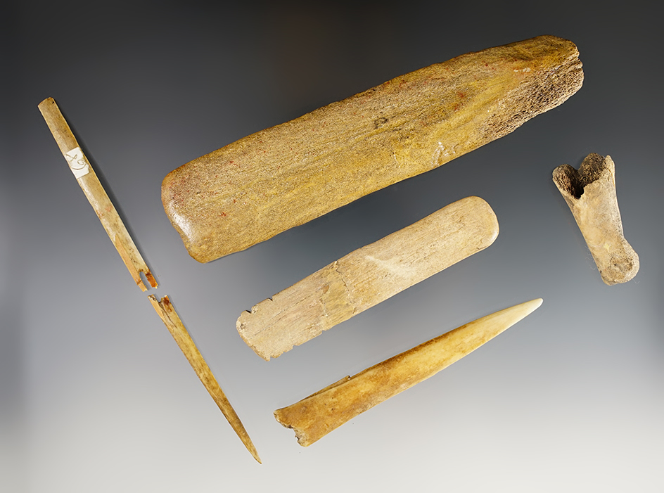 Set of 5 assorted Bone artifacts found at the Mud Lock Site, Cayuga Lake, New York. 