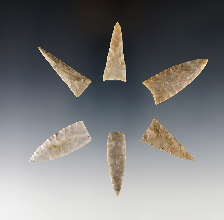 Set of 6 well made Triangle Points found in the Kentucky/Tennessee area. The largest is 1 3/4".