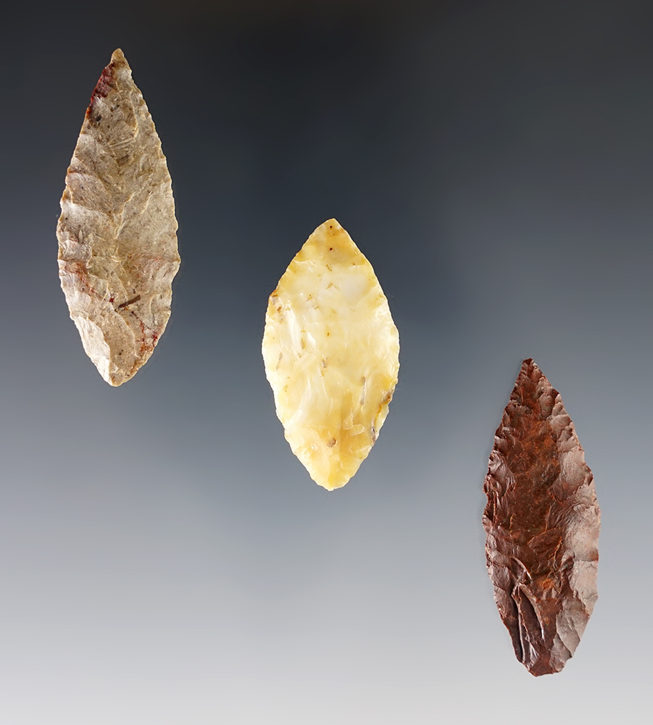 Set of 3 Cascades found near the Columbia River, largest is 1 15/16". Ex. Gene Favell collection. 