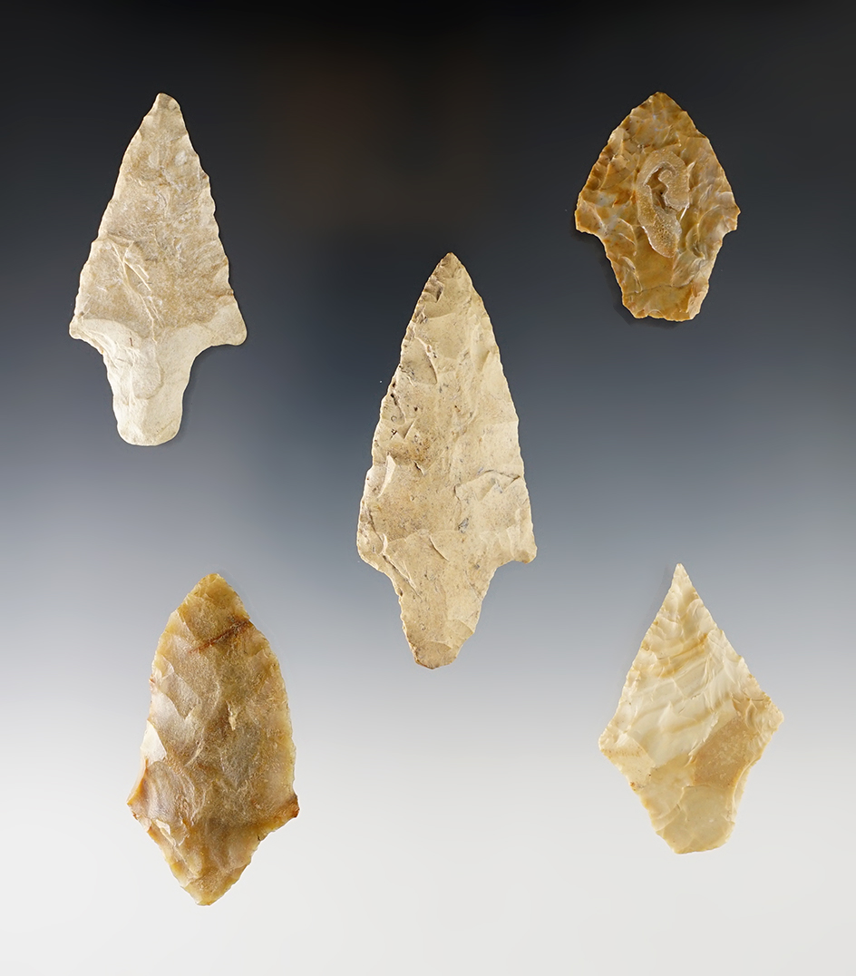 Set of 5 nice Gary Points found in Oklahoma and Louisiana. The largest is 3".