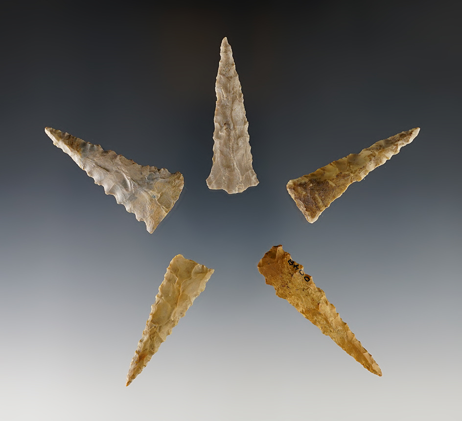 Set of 5 Ft. Ancient Triangles - Kentucky/Tennessee. Most are serrated. The largest is 2 5/16".