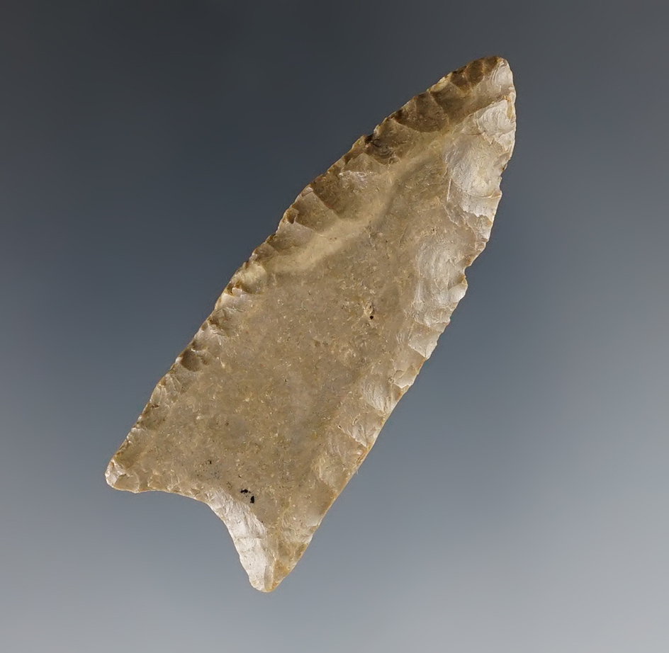 2 1/8" classic Paleo Clovis with long flutes on both sides. Found Hillsdale Co., Michigan area.