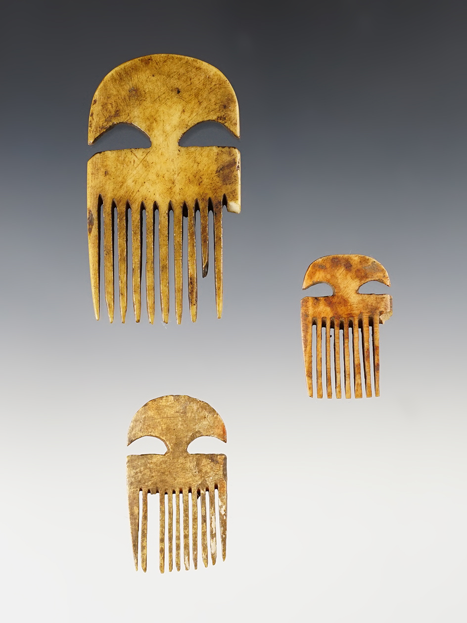 Set of 3 Bone Combs. Exact find location and culture affiliation is unknown. Largest is 2 7/8".