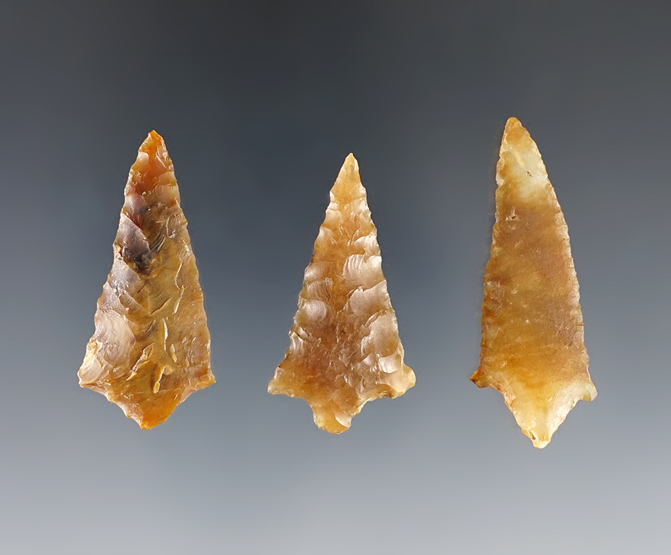 Set of 3 Rabbit Island Points found near the Columbia River. Largest is 1 3/4". Ex. Gene Favell.