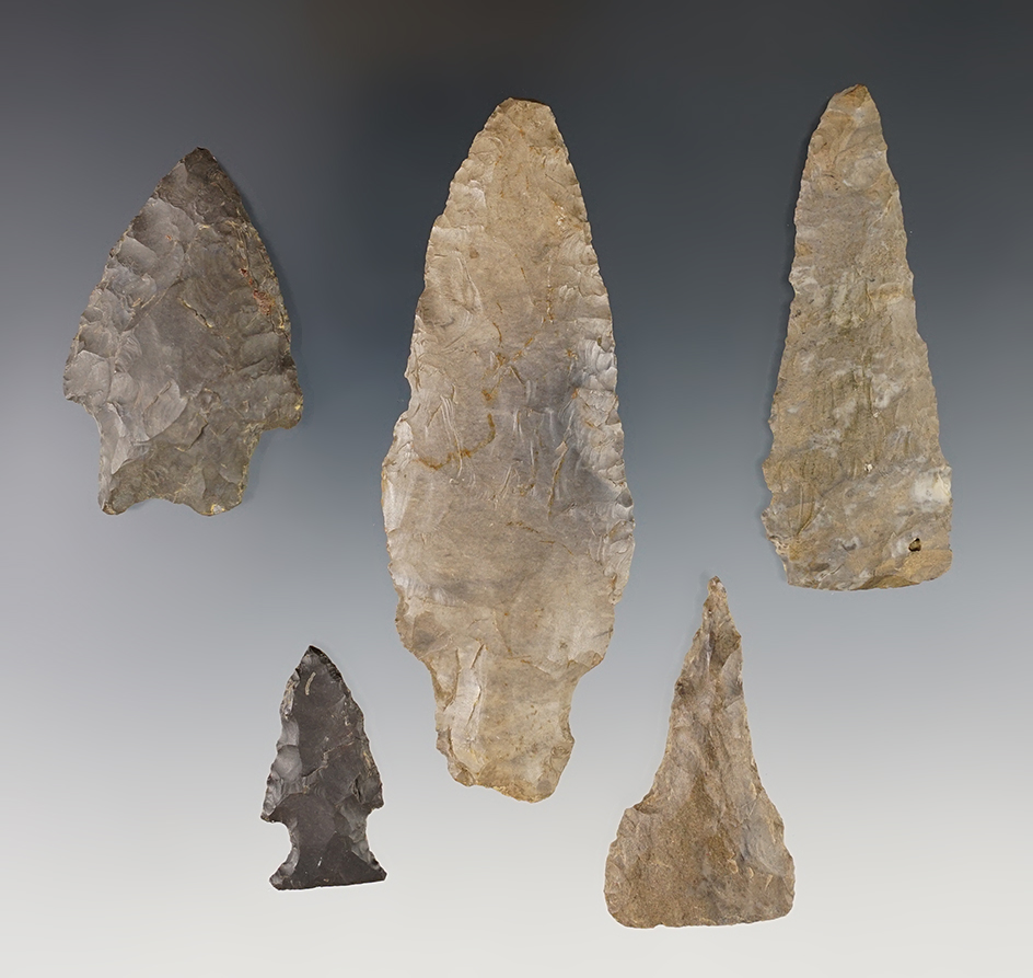 Set of 5 nice points found in Cayuga, New York. The largest is 4".