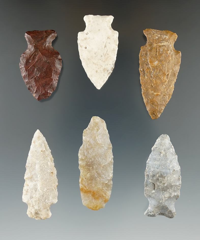 Set of six nice arrowheads found in Eastern South Dakota. Largest is 1 5/8".