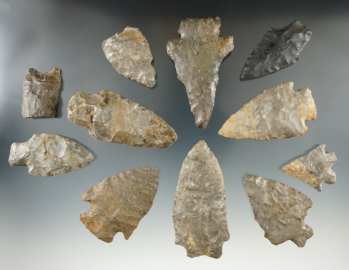 Set of 11 assorted points  and knives, one is restored. All found in Chautauqua Co., New York