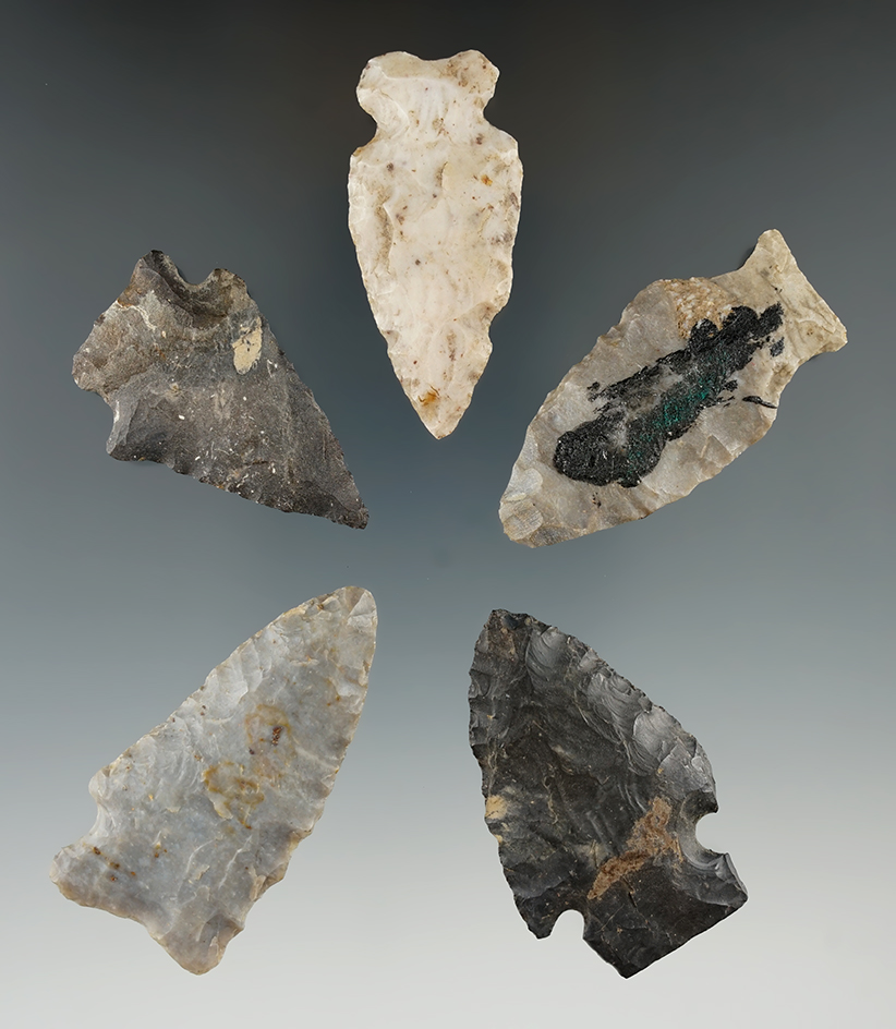 Set of five assorted Flint artifacts, largest is 2 3/16". Jefferson Township, Richland Co., Ohio .