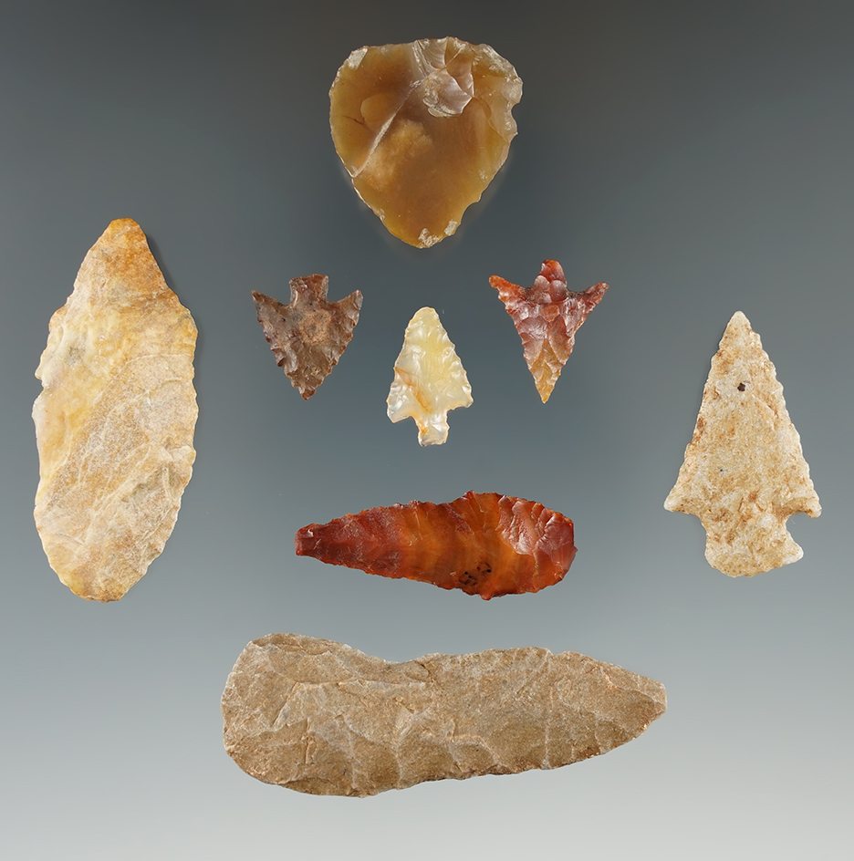 Group of  8 assorted Flint artifacts found near the Hood River, Oregon. Largest is 2 1/4".